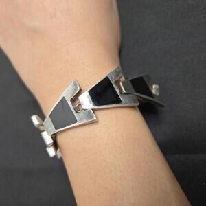 Vintage Taxco Mexico 950 Silver Onyx Panel Bracelet Modernist Geometric Artist